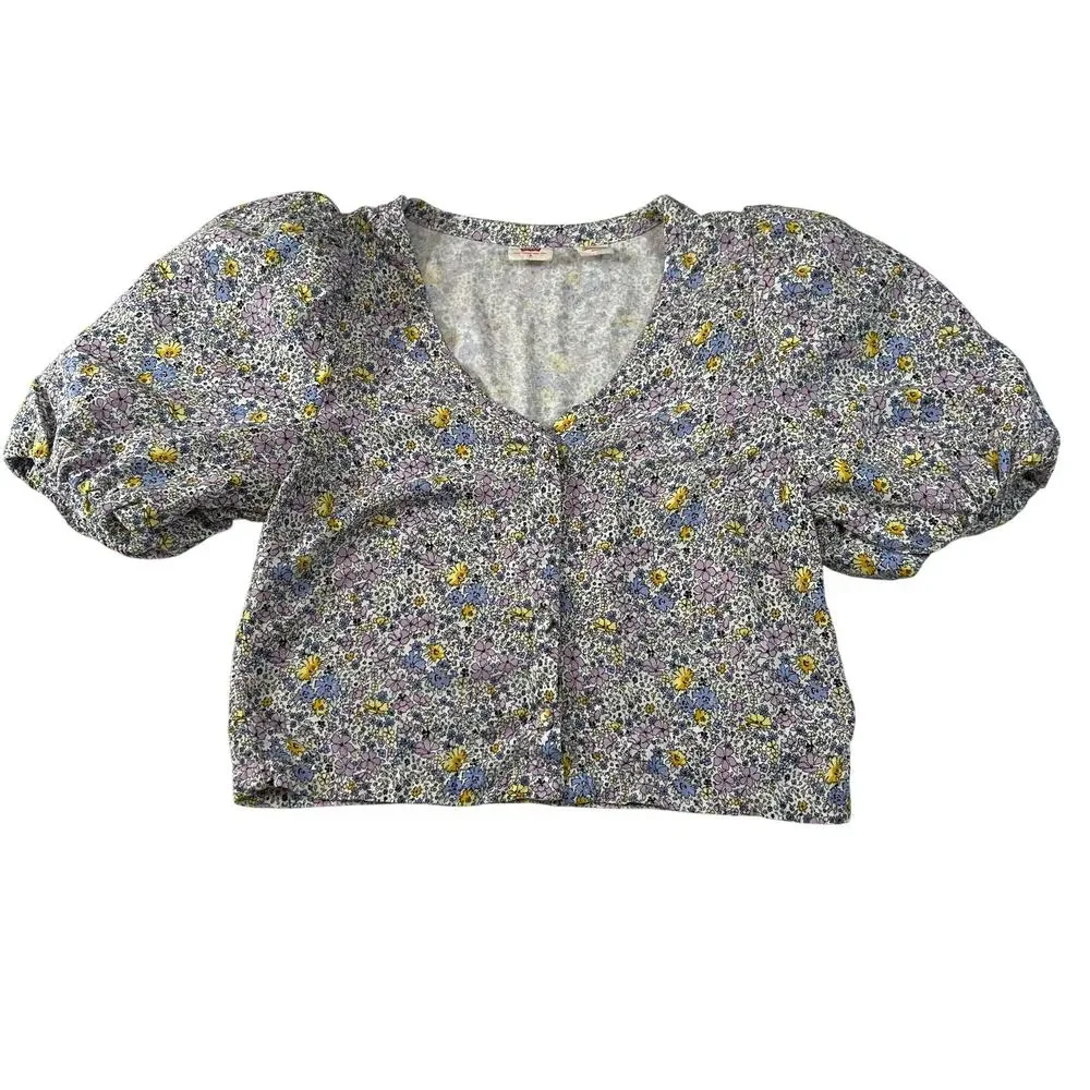 Levi's V-Neck Ditzy Floral Print Crop Button Up Blouse Size S Puff Sleeve Boxy